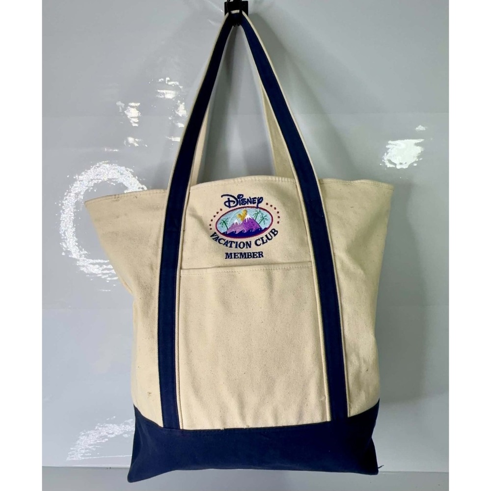 Disney Vacation Club Member DVC Large Canvas Tote Bag Cream Navy Embroidered